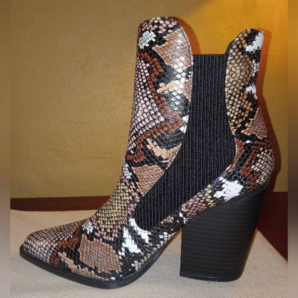 Qupid Camel Brown Multi Colored Snakeskin Booties